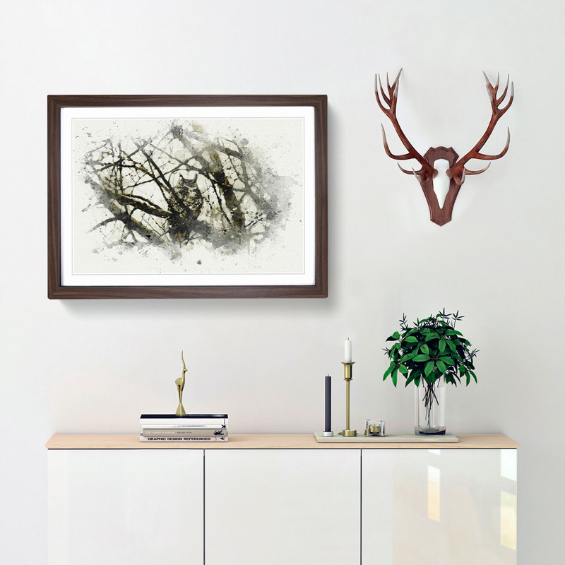 Great Horned Owl Resting in Abstract - Picture Frame Graphic Art Print, 27cm H x 36cm W x 2cm D, Walnut Framed