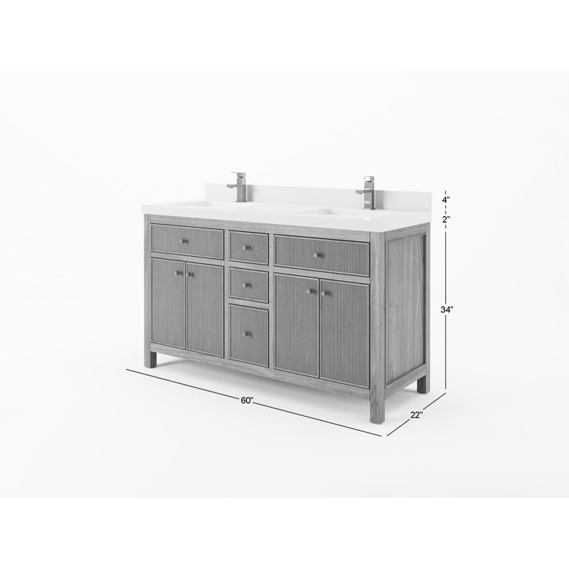 60'' Light Graywashed Teak Double Bathroom Vanity with Quartz Top
