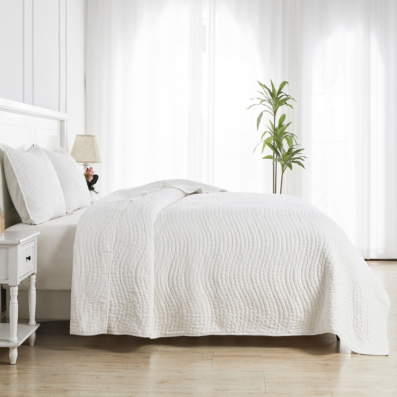 Cotton Wave Hand Stitch Quilt Set, Twin Quilt + 1 Standard Sham, White