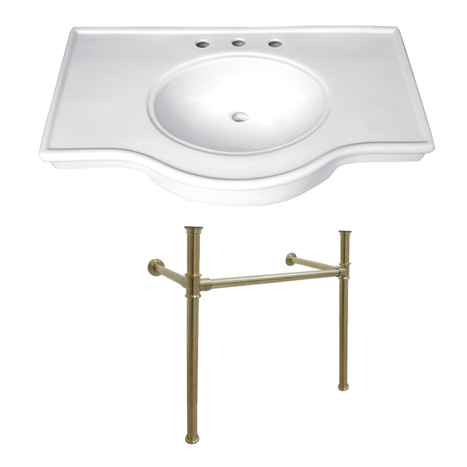 Kingston Brass Templeton 37-Inch Ceramic Console Sink with Stainless Steel Legs (8-Inch, 3-Hole), Brushed Brass