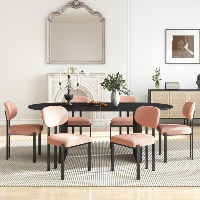 Ensemble de table de salle à manger ovale à double piédestal, 7 pièces : table, 6 chaises, Noir, Orange