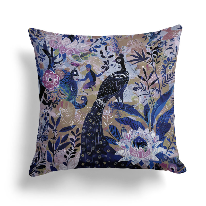 Coussin Jungle Tapisserie, H 16 po x l 16 po, Bleu / Rose