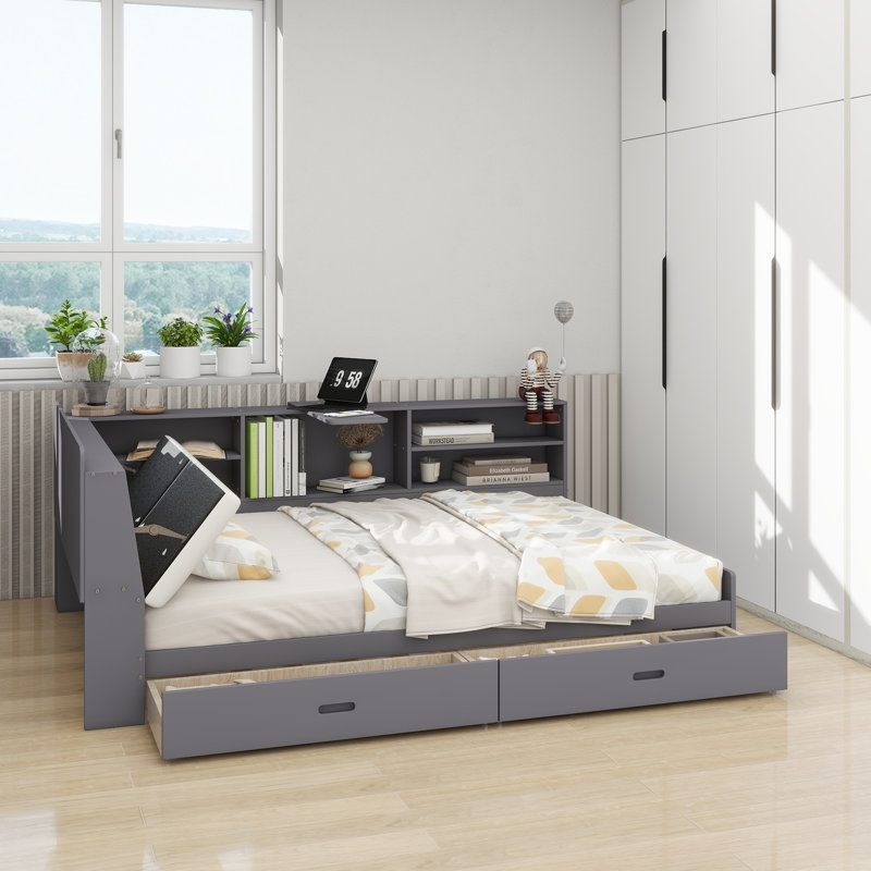 Wood  Platform Bed With Storage Headboard, Shelves And 2 Drawers,, Gray, Full