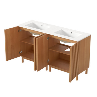 Meuble-lavabo double Kenley de 152 cm (59,8 po) en noyer américain avec comptoir en céramique blanche, portes à persiennes et rangement à fermeture amortie