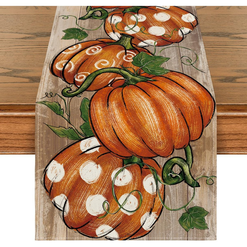 Dot Pumpkins Vine Fall Table Runner, Seasonal Autumn Thanksgiving Kitchen Dining Table Decoration For Home Party Decor 13X72 Inch