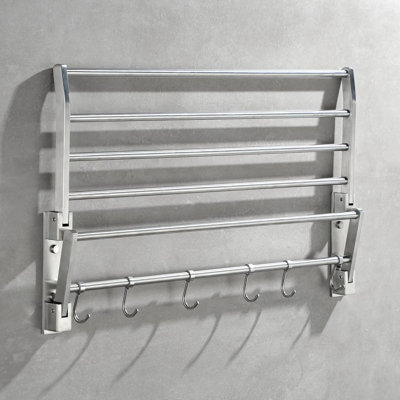 24-Inch Towel Rack For Bathroom, Stainless Steel Bathroom Towel Shelf With Towel Bar, Hotel Towel Rack Wall Mounted With Hooks, Foldable Brushed Towel Holder