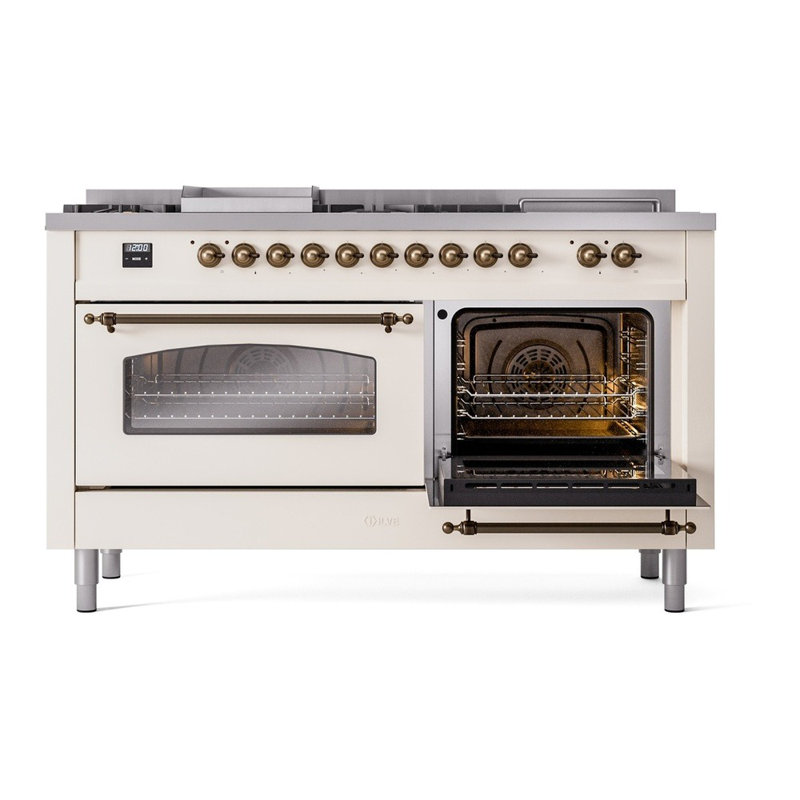 ILVE Nostalgie II 60 Dual Fuel Range, 5 Burners, Griddle, Frenchtop , Liquid Propane, Antique White/Bronze