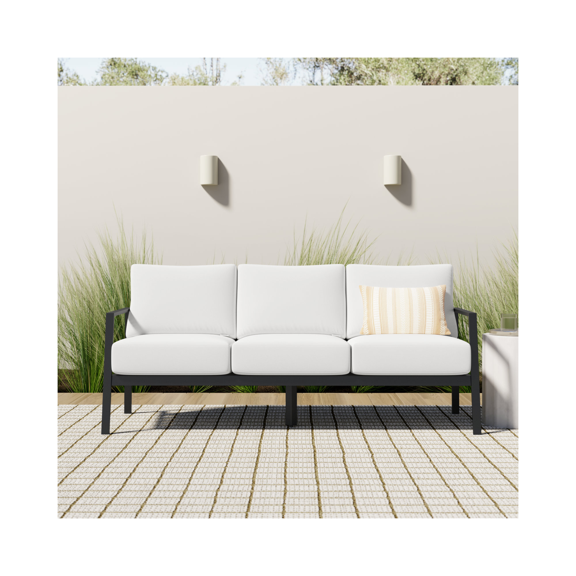 Armando 75” Aluminum Outdoor Sofa with Sunbrella Cushions, Black, White Sunbrella®