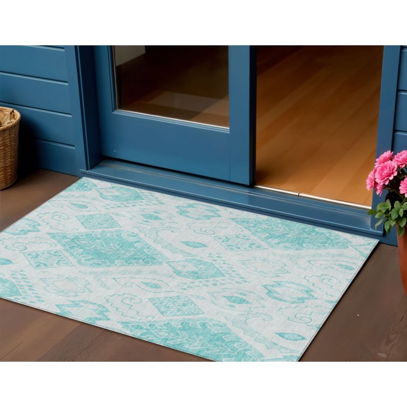 Tapis d'extérieur lavable bleu sarcelle 3 pi x 5 pi bleu turquoise et ivoire marocain
