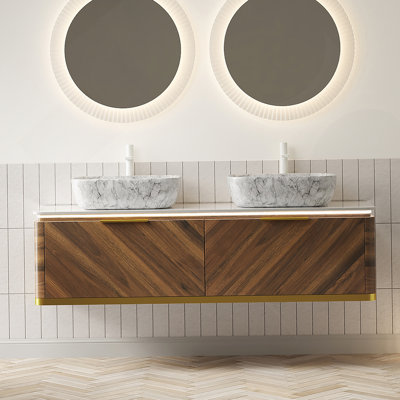 Meuble-lavabo 60 po, meuble-lavabo flottant en contreplaqué 60 po, 2 tiroirs avec capteur de lumière, 2 vasques en céramique à motif marbré et plateau en pierre frittée, grain de bois noyer foncé