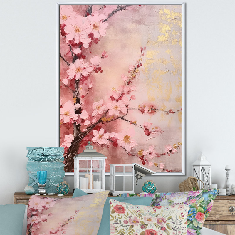 «Cherry Blossoms», collage rose foncé sur toile, Cadre flottant blanc, 32" H x 24" W