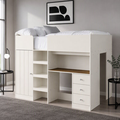 Lit mezzanine double en bois avec garde-robe intégrée, bureau, tablettes de rangement et tiroirs, beige