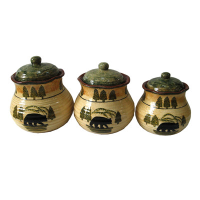  Ceramic Rustic Lodge Bear 3 Piece Kitchen Canister Set