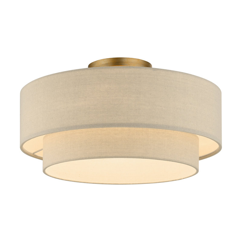 Bhagipuri Linen Blend Semi Flush Mount, Antique Gold Leaf, Cream, 9.75" H x 18" W x 18" D