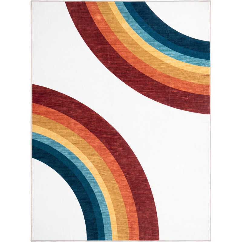 Tapis blanc arc-en-ciel pour enfants 7 pi x 10 pi (6 pi 7 po x 9 pi 6 po) Branch Branch Marlow, tapis moderne, à poils moyens et résistant aux taches