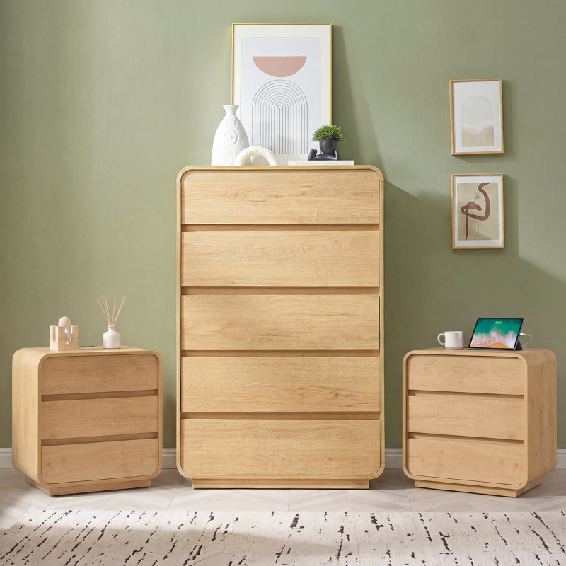 Ensemble de chambre à coucher courbée 3 pièces avec station de charge, Natural