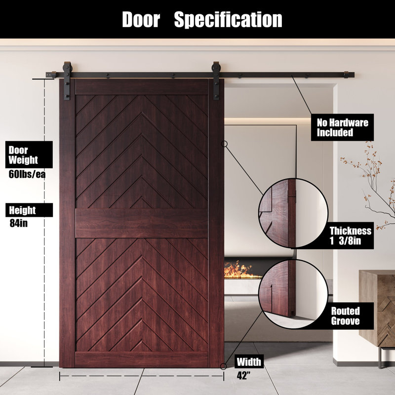Porte de grange en bois de pin à finition acajou rouge 4-en-1 de 42 po x 84 po Homacer, 42 po x 84 po