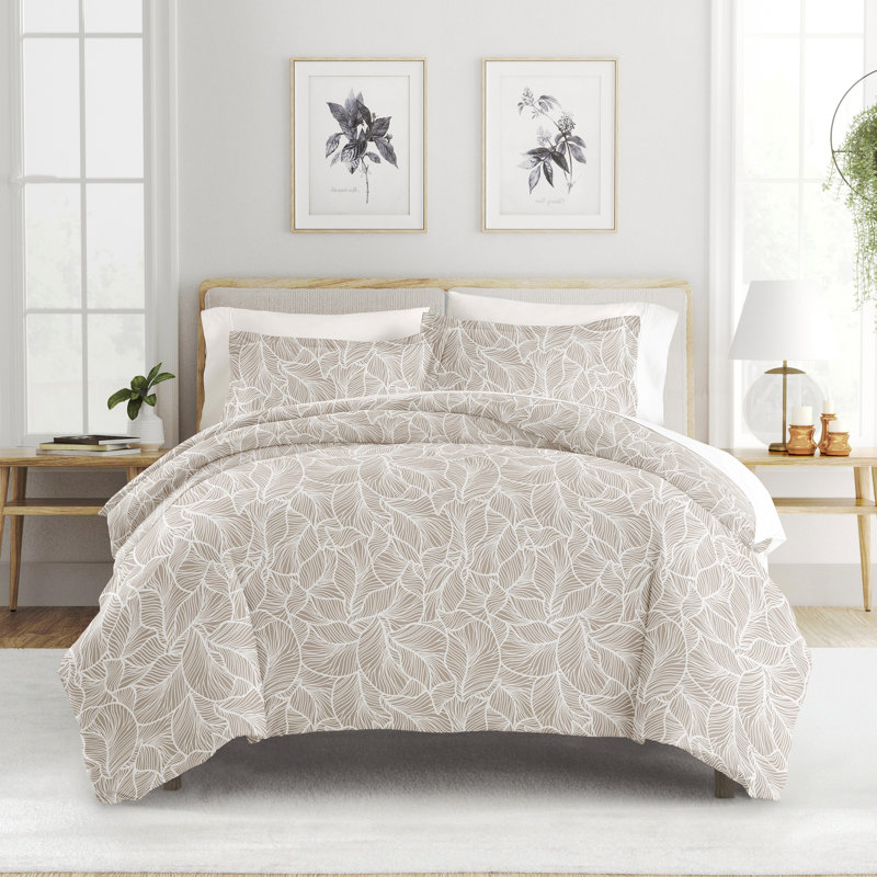 Patterned Ultra Soft 3 Piece Duvet Cover Set - Serenity, Twin/TwinXL, Linear Leaves Taupe