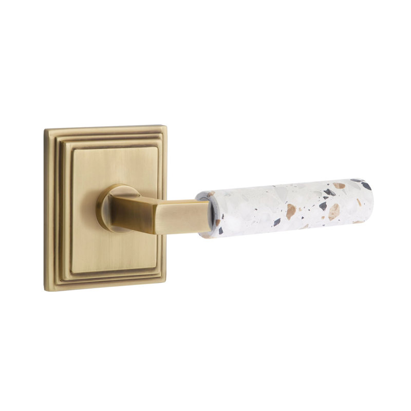 Mortaise intérieure Emtek Select avec rosette Wilshire et tige carrée en L, levier Terrazzo clair, Nickel satiné, Oui
