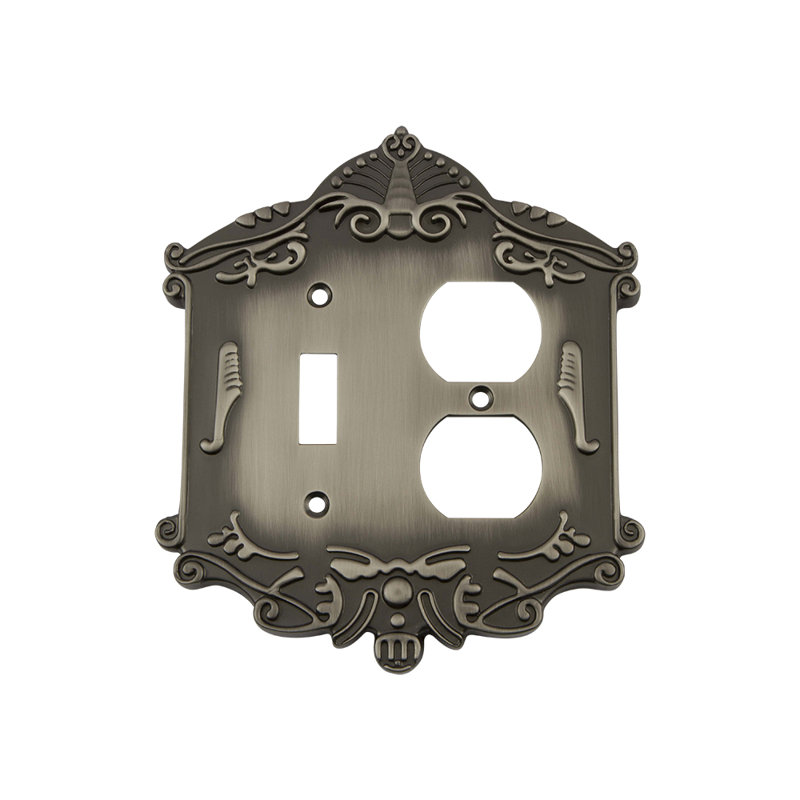 Victorian 2-Gang Duplex Outlet / Toggle Light Switch Combination Wall Plate, Antique Pewter