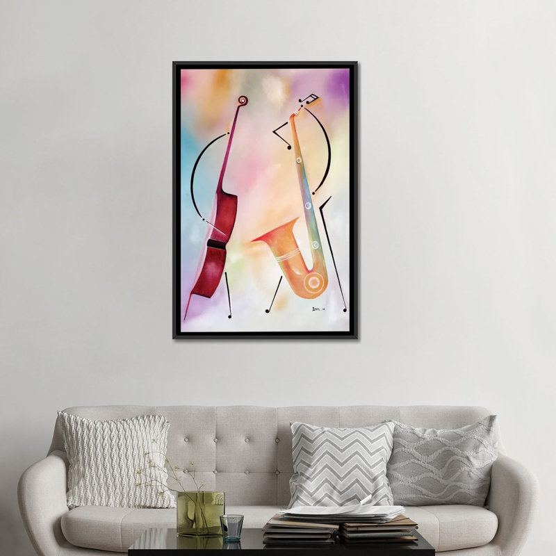 « bass et sax », impression sur toile, H 26 po x l 18 po x P 1,5 po, Toile avec cadre noir, Pas de tapis