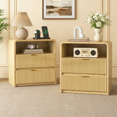 Modern Bed Side Table With Rounded Corners, Nightstands With Charging Station (Set of 2）