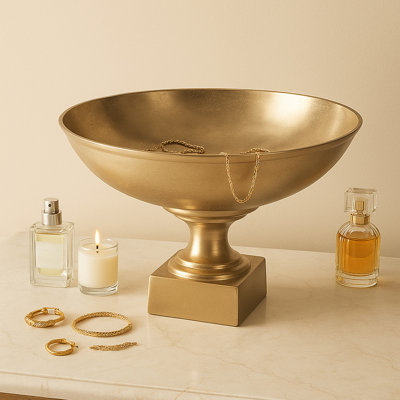 Decorative Metal Pedestal Bowl on Square Base - Modern Vintage Style Accent Bowl for Home Decor or Table Centerpiece - 20", Gold