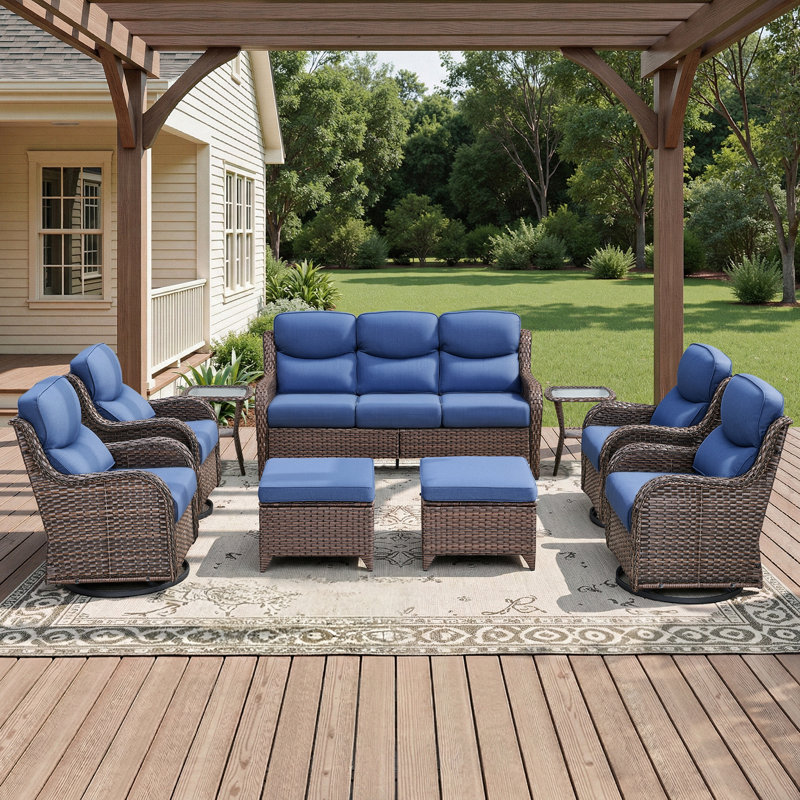 Ensemble de conversation d'extérieur en rotin 9 pièces avec canapé et chaises pivotantes 9 pièces, Bleu, Brun