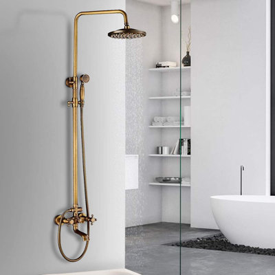 Antique Brass Bathroom Shower Faucet Triple Functions 8 Inch Rainfall Shower Head,Handheld Spray with Tub Spout Exposed Shower System Double Handle Outdoor Shower Kit