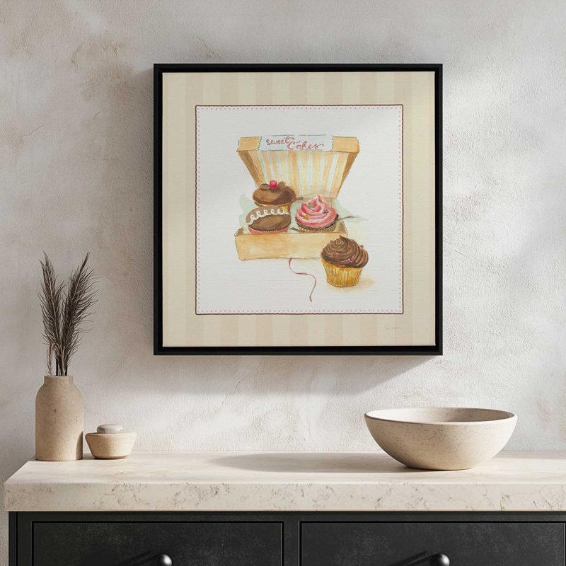«Cupcake Quartet on Stripes» par Sue Schlabach, reproduction d'art, 20 W x 20 H, Silver, Framed Canvas