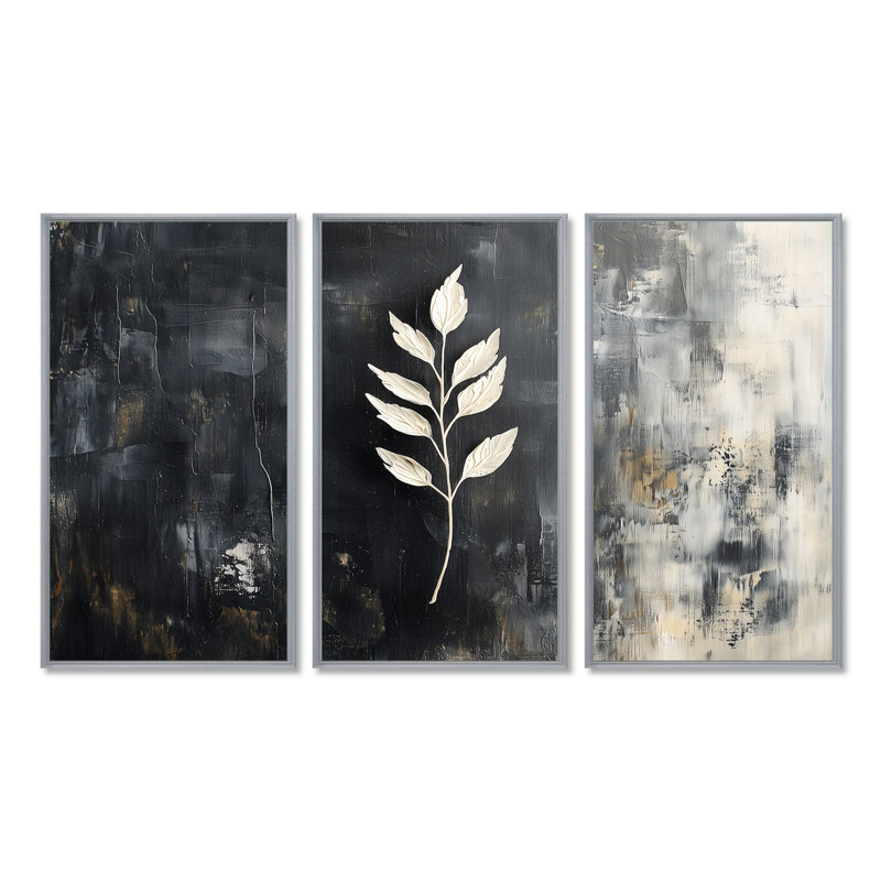 «Black and White Herbs Elegance I», ensemble de reproductions d'art mural, H 40 po x l 60 po, Cadre argenté