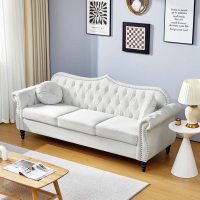 82" Three Seater Leather Sofa, Chesterfield Sofa, Mid-Century Modern PU Upholstered Sofa Couch, Deep Button Tufted Living Room Sofa with Two Throw Pillows