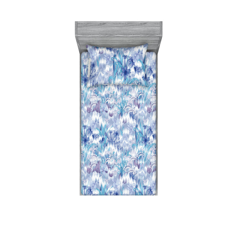 Ambesonne Fitted Sheet & Shams 3 Pcs Spring White Asters Calking Pistachio Green Mustard, Dark Seafoam White Lilac Floral