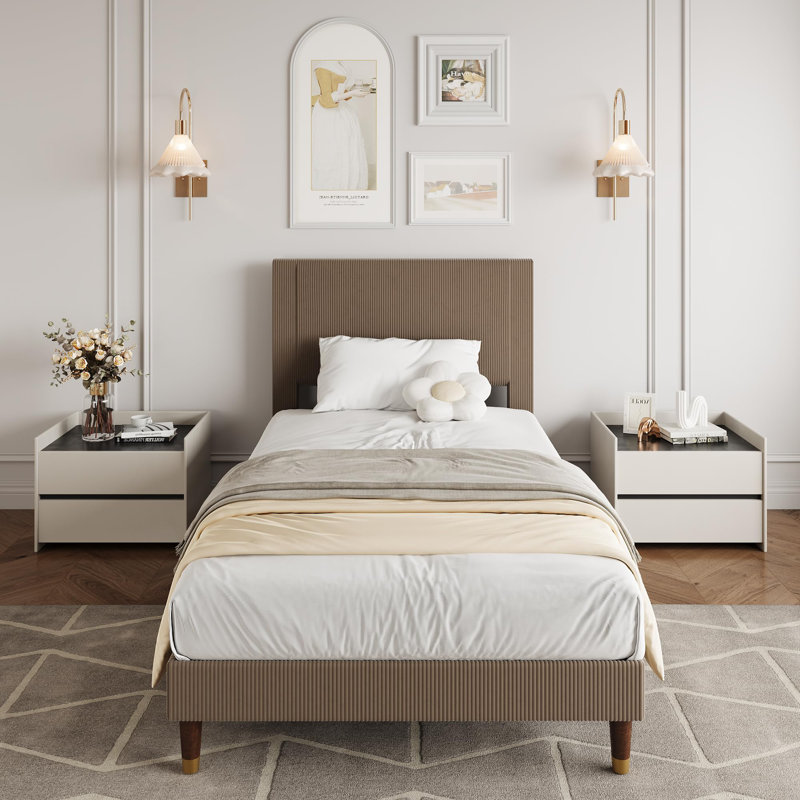Platform Bed Frame with Headboard, Comfy Corduroy Upholstered Bed Frame with Wooden Slats Support, No Box Spring Needed, Twin