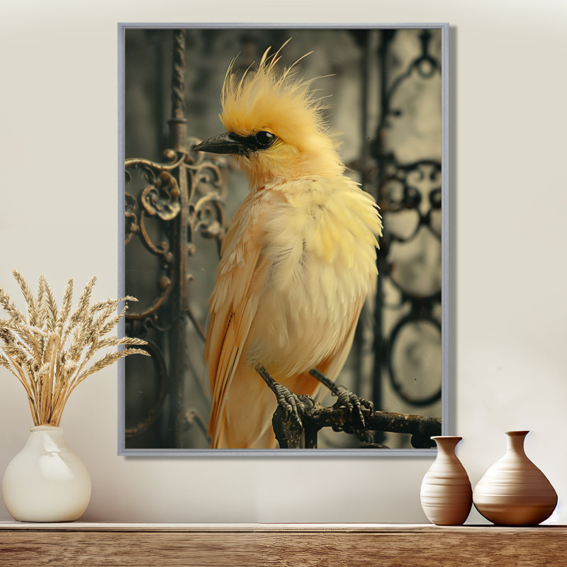 Élégance d'oiseaux en cage jaune et noir, Toile argentée avec cadre flottant, H 40 po x l 30 po x P 1,5 po