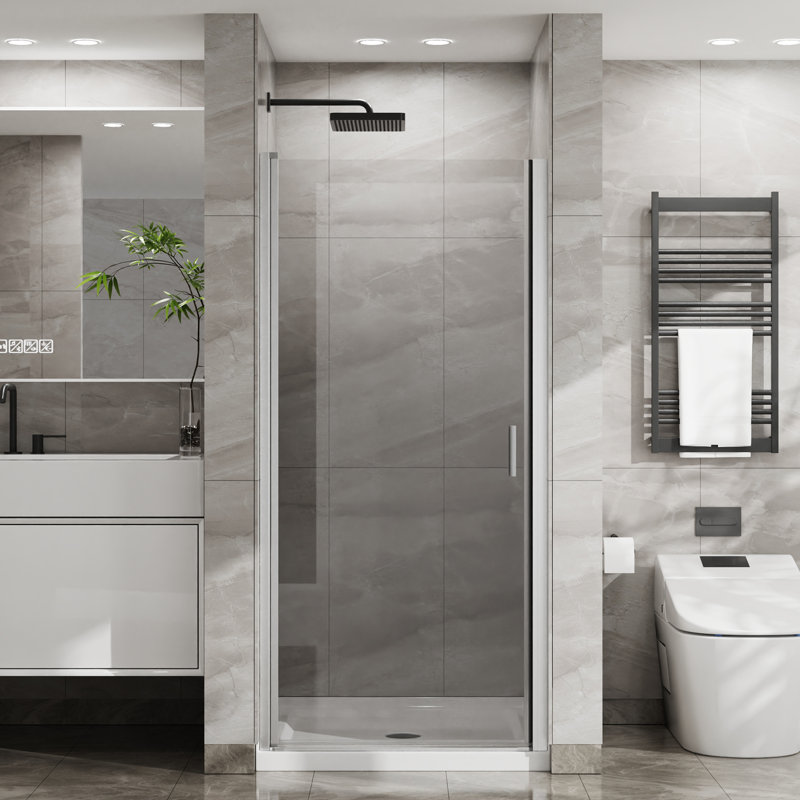 34"-35.2" W X 72" H Pivot Semi-Frameless Shower Door With Clear Glass, Chrome