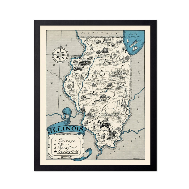 Carte illustrée de l'Illinois, 11"H x 14"W, Poster, Unframed
