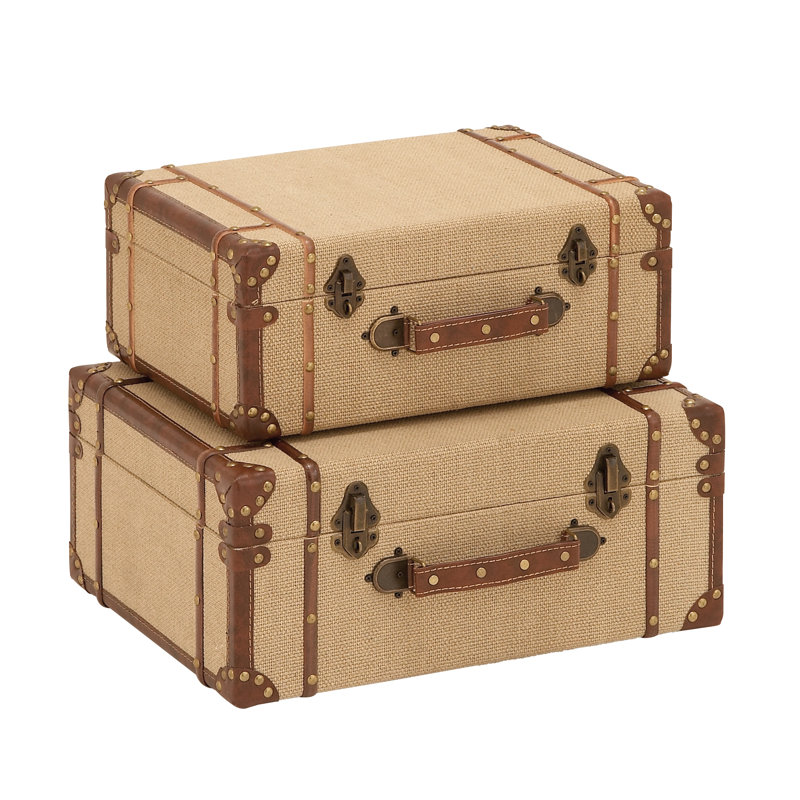 Hamachi Wooden Nesting Upholstered Decorative Beige Trunk with Vintage Accents and Studs Set