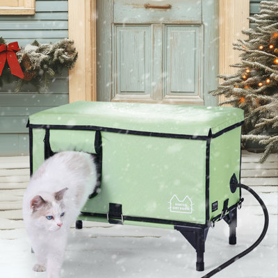 Abri pour chat surélevé chauffé pour chat avec coussin chauffant vert (L)
