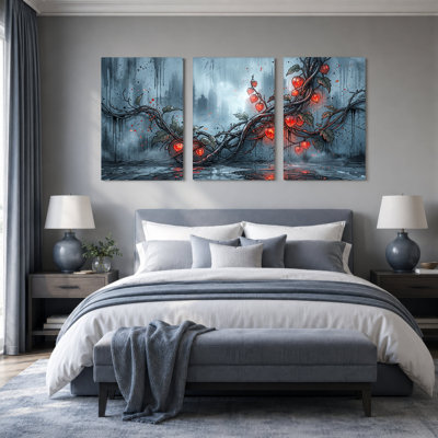 Ensemble de 3 toiles de lanternes chinoises rouges dans un paysage urbain dystopien