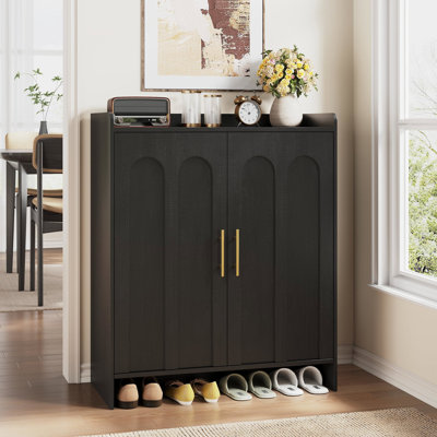 Armoire à chaussures de 38,39 po de hauteur, armoire de rangement d'entrée avec portes arquées et poignées dorées
