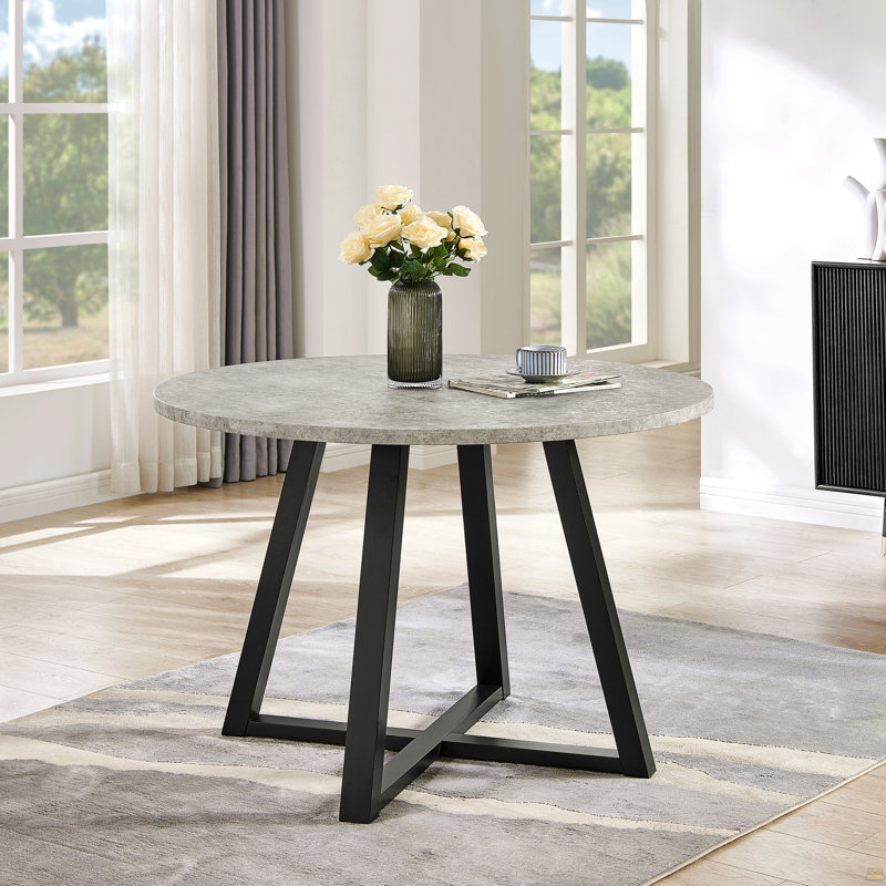 Edo Contemporary Round Dining Table, Trestle Base, Gray Finish