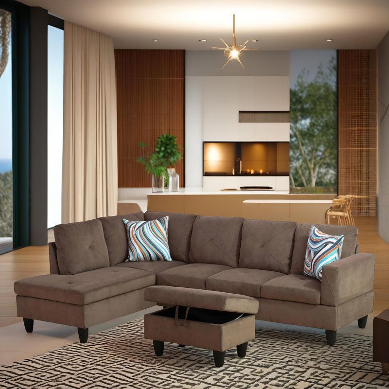 103" Ember Brown Microfiber 3-Piece Left Facing Sectional Sofa Set With Chaise And Storage Ottoman, Left Hand Facing