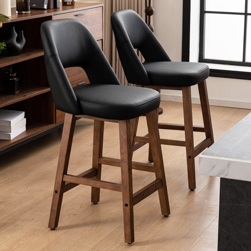 Mid-Century Modern Armless Upholstered Counter Stool, Black Faux Leather