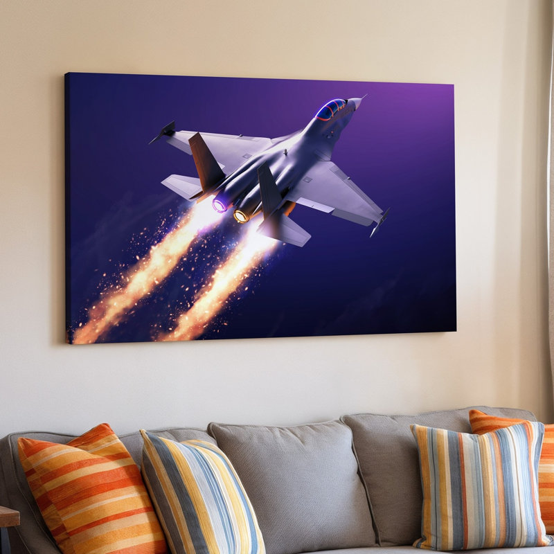 Reproduction d'art sur toile, un jet futuriste épuré monte dramatiquement contre un art mauve foncé, H 20 po x l 30 po