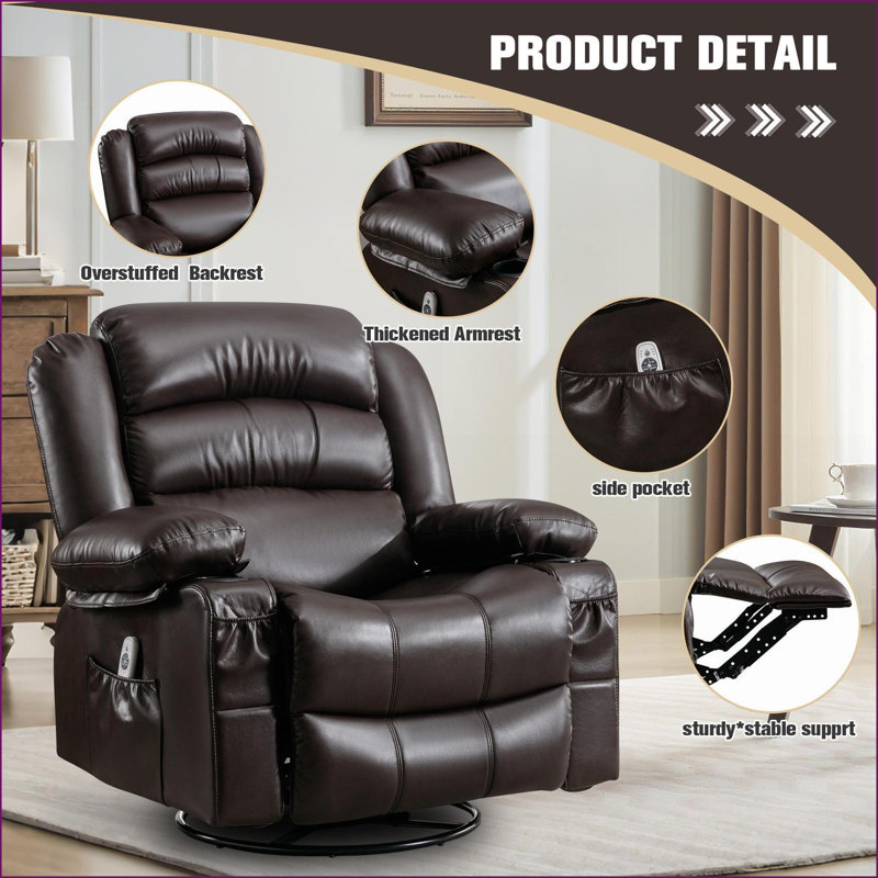 Fauteuils inclinables avec massage & amp; Chaleur | Chaise berçante pivotante | USB, 2 porte-gobelets, poche latérale | Noyer brun | Cuir PU