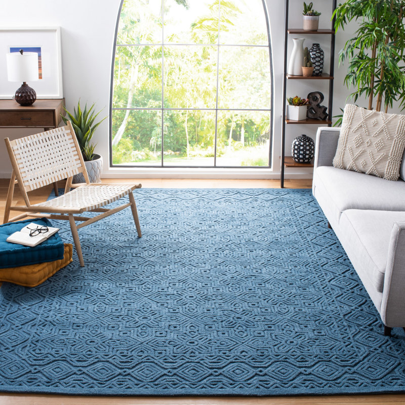 Tapis bleu foncé en laine / coton touffeté à la main Thinh, Rectangle 9 pi x 12 pi