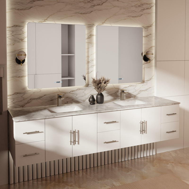 Ensemble de meuble-lavabo double mural 84 "avec miroir Geneva, Blanc lustré, Marbre de Carrare blanc