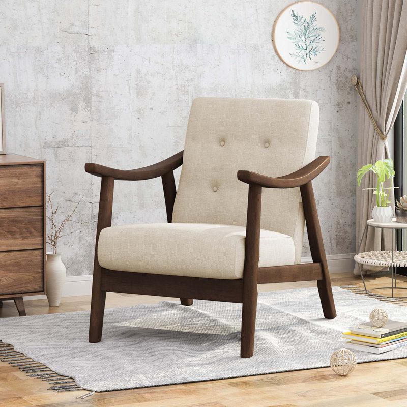 Fauteuil club rembourré en polyester avec quatre pieds en bois, design moderne Mid-Century, Beige