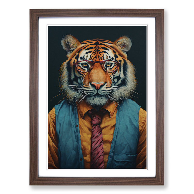 XYZ-FRM-V1223-1639 Tiger With Glasses Painting - Single Picture Frame Print on Wood, 34cm H x 25cm W x 2cm D, Walnut